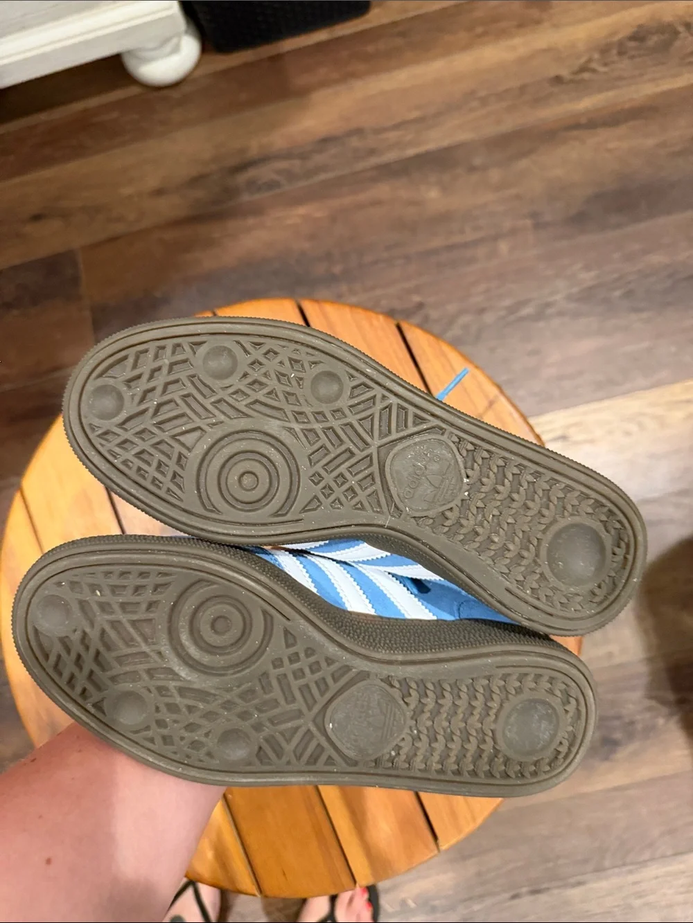 adidas light blue suede sneakers with white stripes